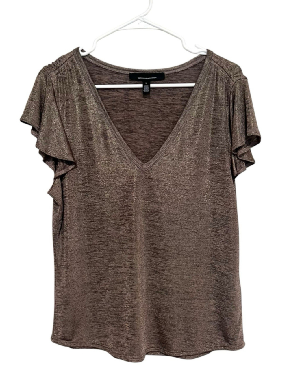 White House Black Market Gold Bronze Metallic Tee Large Flutter Sleeve Glam Top